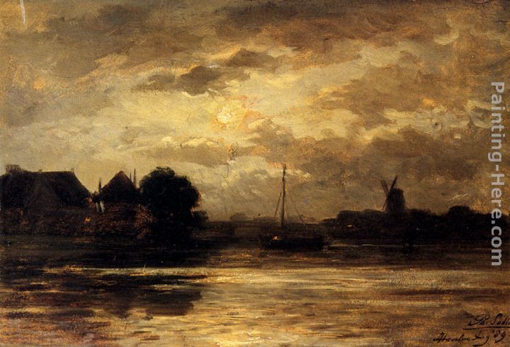 View Of The Spaarne, Haarlem, By Moonlight painting - Philippe Lodowyck Jacob Sadee View Of The Spaarne, Haarlem, By Moonlight art painting
